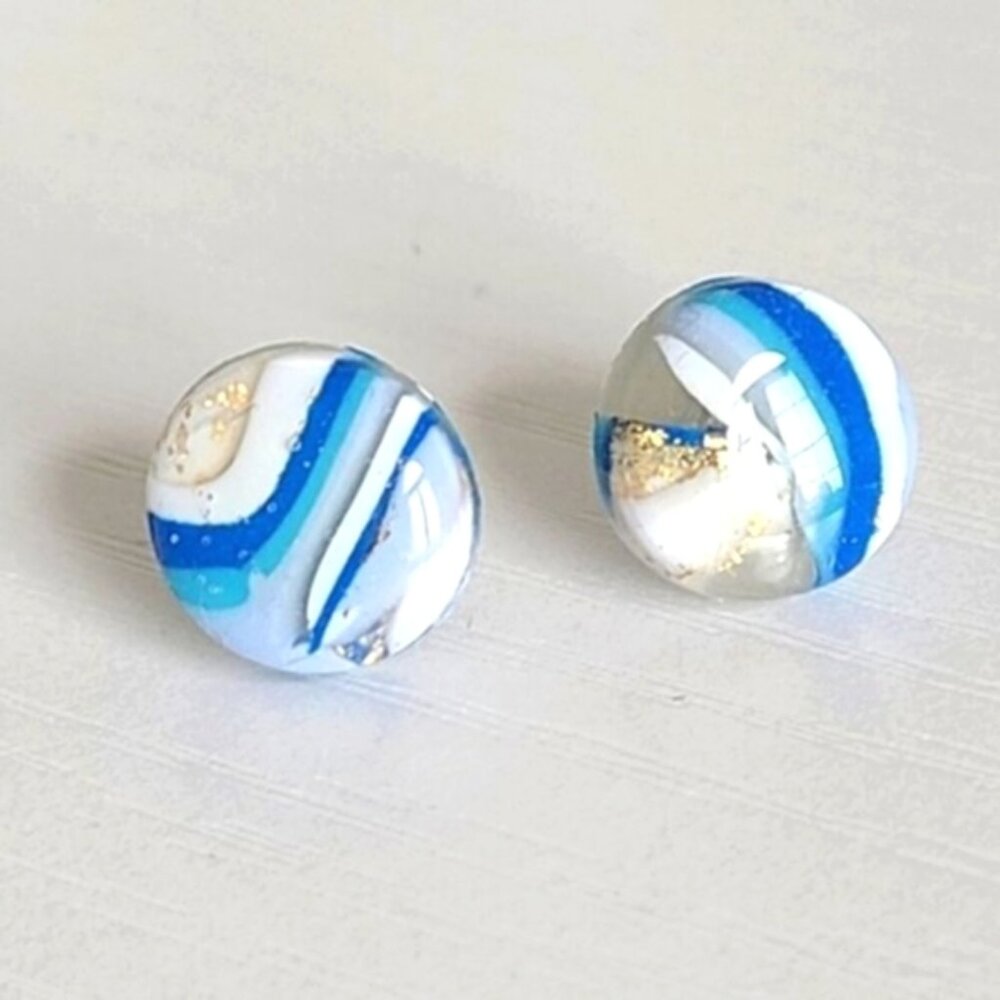 Boho Beachy Ocean Surf Blue White Gold Resin Agate Gemstone Round Stud Earrings